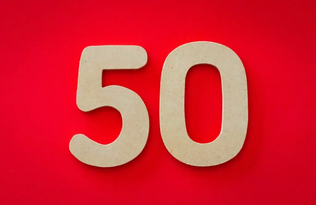 A red background with the number 5 0 in white