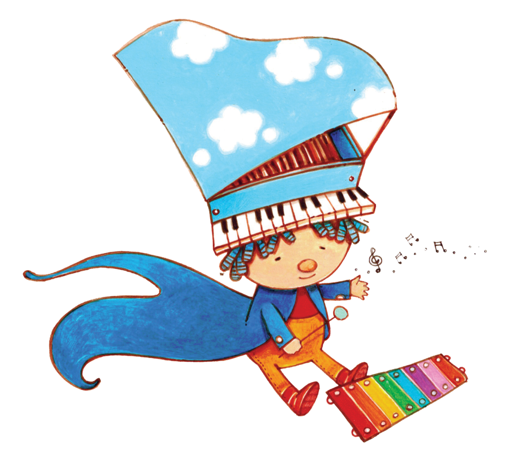 A cartoon of a boy flying with a piano on his head.