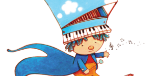 A cartoon of a boy flying with a piano on his head.