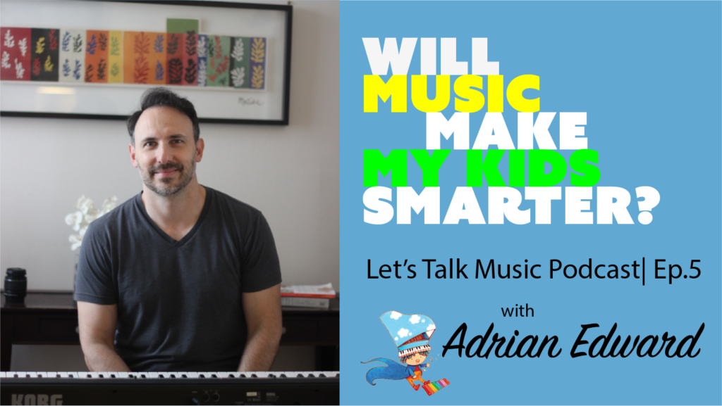 A man sitting at a piano with the words " will music make my kid smarter ".