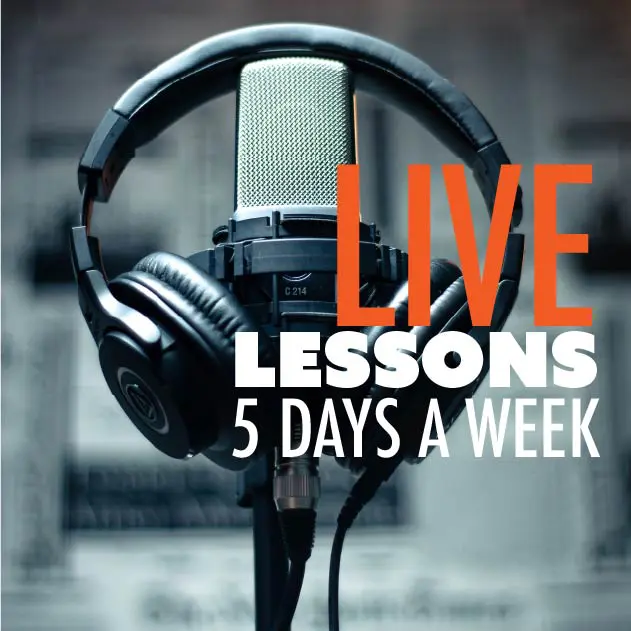 A microphone with headphones on it and the words live lessons 5 days a week.