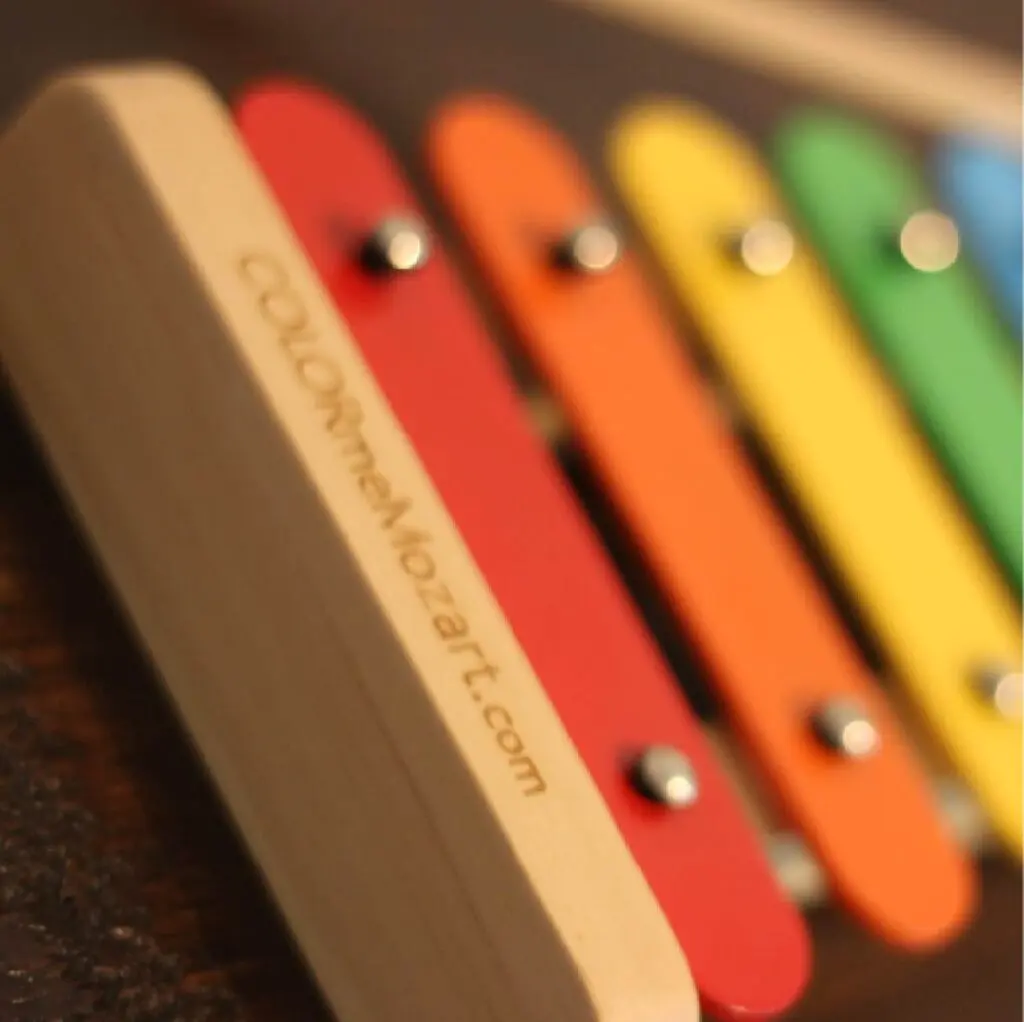 A close up of the xylophone with many colored keys.