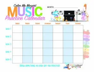 A practice calendar with music notes and instruments.