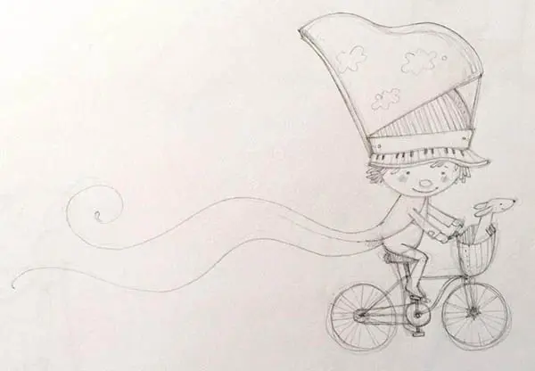 A drawing of a boy riding on the back of a bicycle.