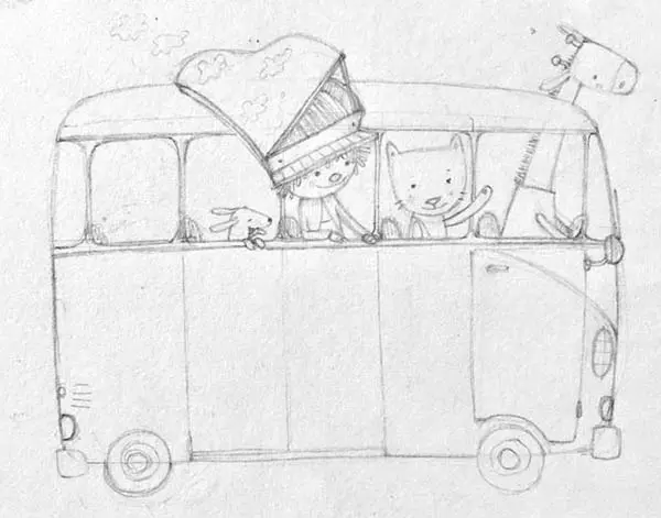 A drawing of a bus with people in it