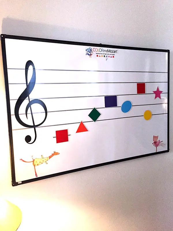 A sheet music with different shapes and colors on it.