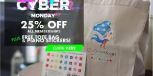 A bag of piano stickers and a tote bag