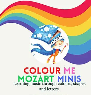 A colorful rainbow with a boy playing the piano.