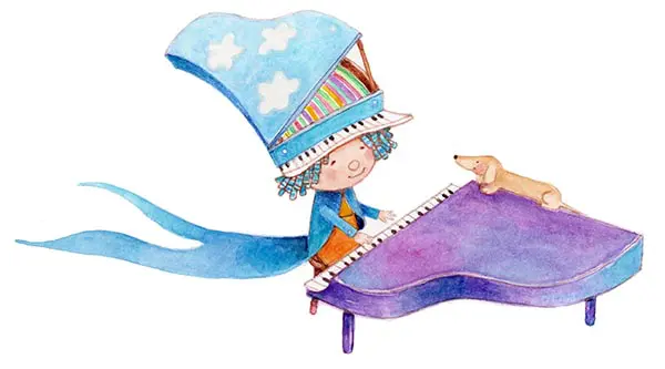 A child in a hat playing the piano