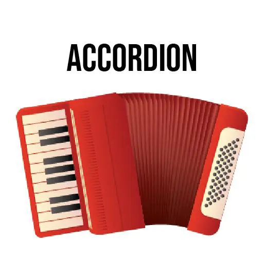 A red accordion with the word " accordion " underneath it.