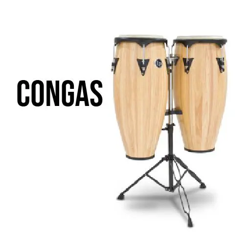 A pair of congas sitting on top of a stand.