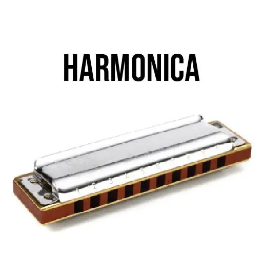 A harmonica is sitting on top of the word " harmonica ".