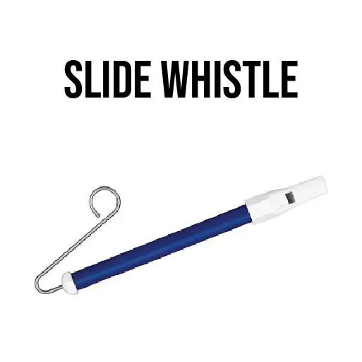 A blue and white slide whistle with the words " slide whistle ".