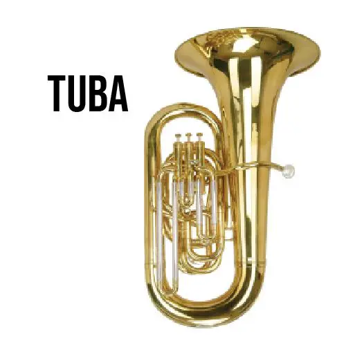 A tuba is shown with the word " tuba ".