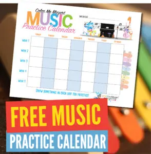 A free music practice calendar is sitting on top of a table.