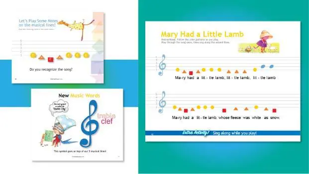 A set of three sheets with music notes and a sheet for the song mary had a little lamb.