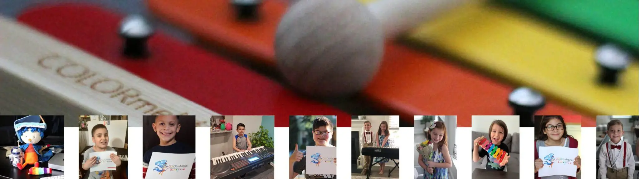 A collage of photos with a ball and keyboard.