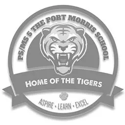 A gray and white logo of the port morris school.