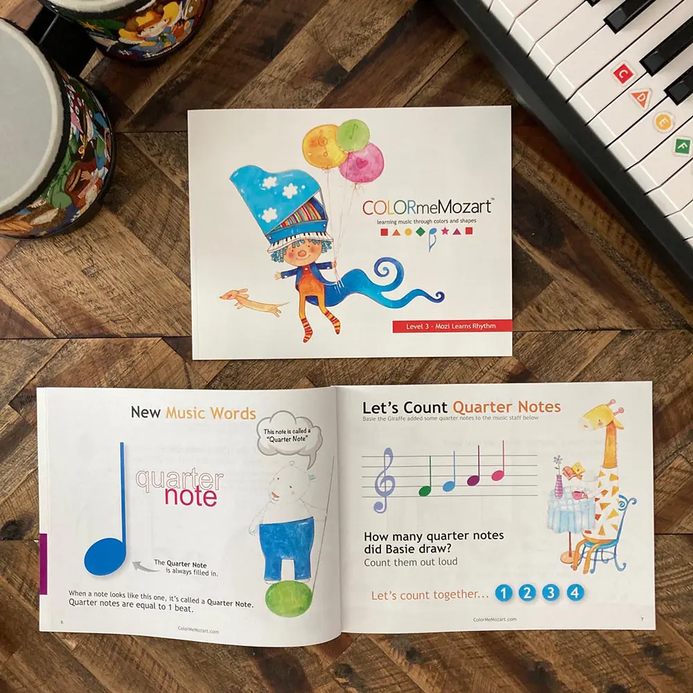 A book with pictures of musical instruments and notes.