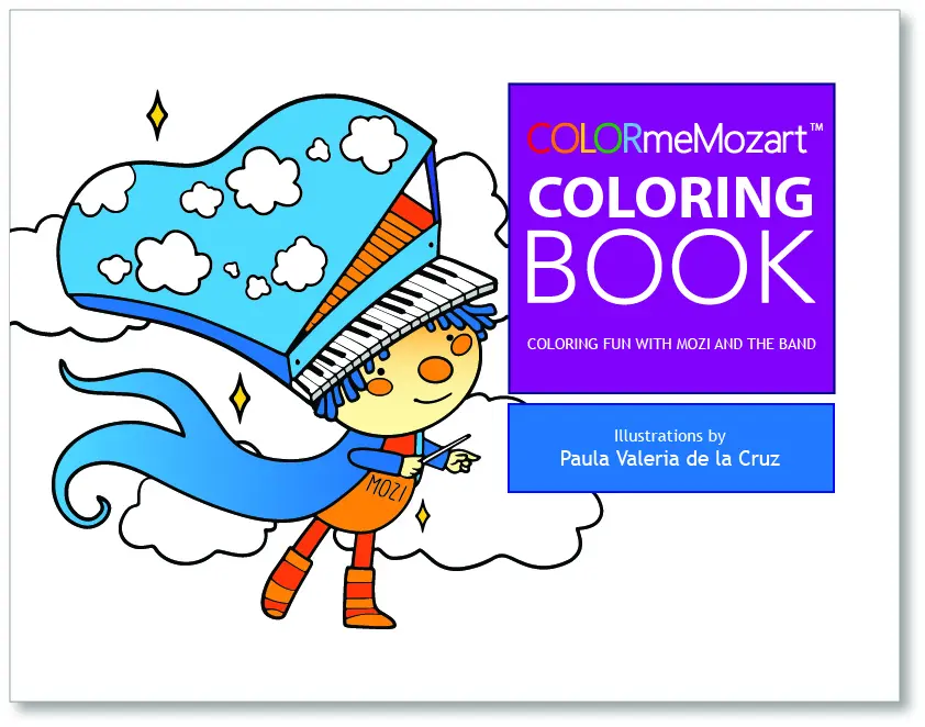 A coloring book with a picture of a girl playing piano.