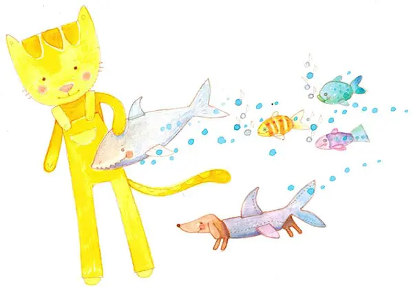 A cat and some fish are swimming together