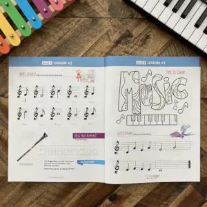 A book with music notes and a keyboard