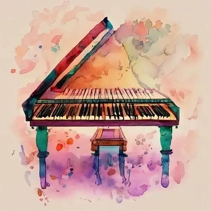 A painting of an old piano with the keys open.