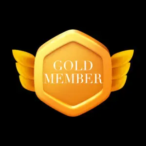 A gold member badge with wings on it.