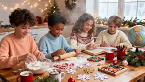 Happy homeschool family enjoying hands-on learning activities and holiday crafts at a cozy festive table – homeschooling during the holidays