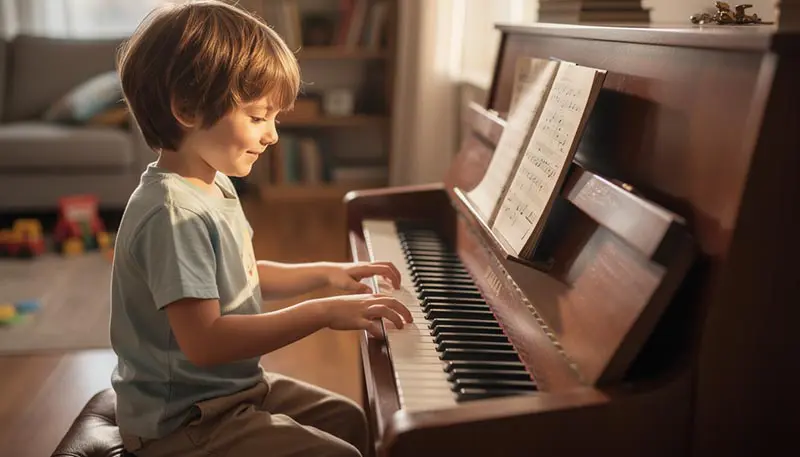 Preschooler playing piano during homeschool music time