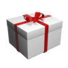 A white box with red ribbon on top of it.