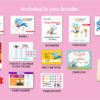A bundle of books and stickers with pink background