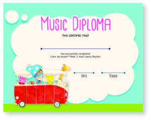 A certificate of completion for a child 's music class.