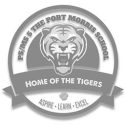 A gray and white logo of the port morris school.